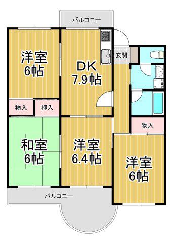 コスモハイツ瑞ケ丘B棟(3LDK/4階)の間取り写真