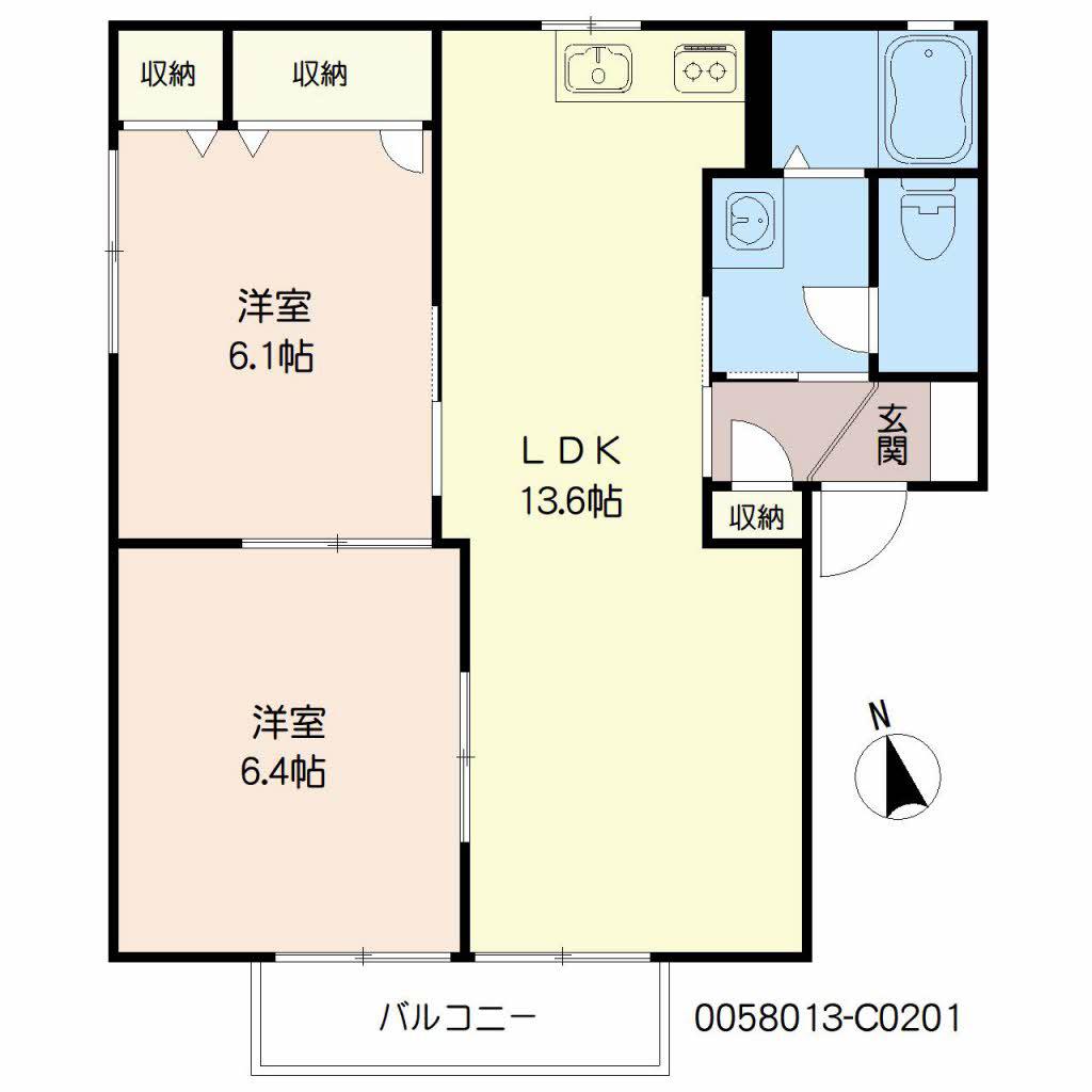 オーロラ北野C棟(2LDK/2階)の間取り写真