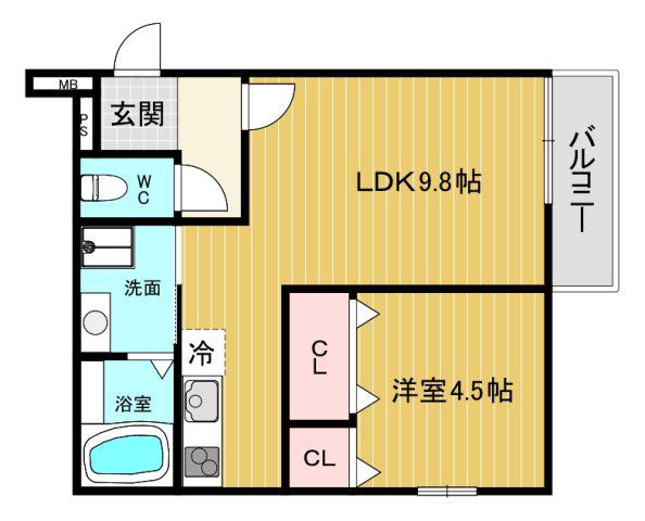 フジパレス甲東園II(1LDK/1階)の間取り写真