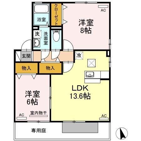 シャルマン ヴィラ B棟(2LDK/1階)の間取り写真