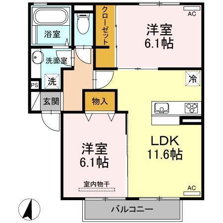 ボン・ボヌール(2LDK/2階)の間取り写真