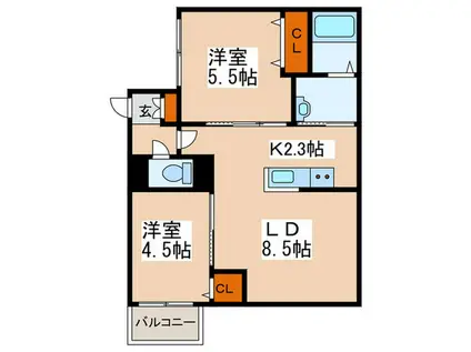ラコルテデルソーレ(2LDK/4階)の間取り写真