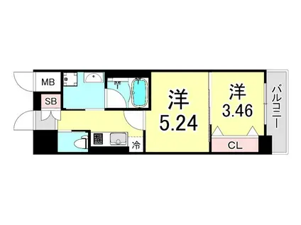 西宮北口プライマリーワンガーデンテラス(1DK/2階)の間取り写真