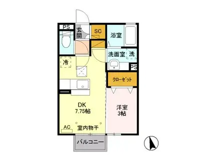 フローラル F(1DK/1階)の間取り写真