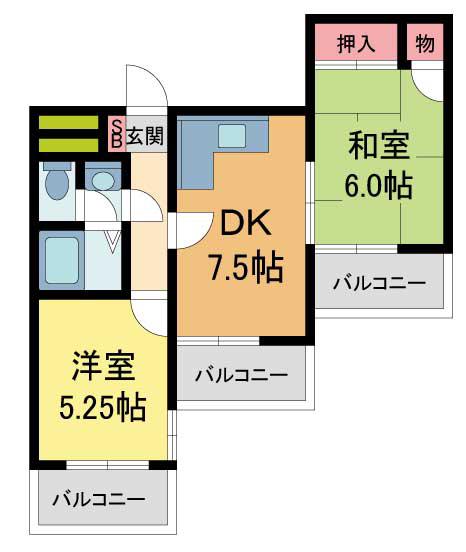 ダンディライオン宝塚Ⅱ(2DK/3階)の間取り写真