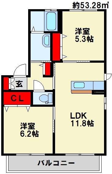 エクセラン殿川C棟(2LDK/1階)の間取り写真