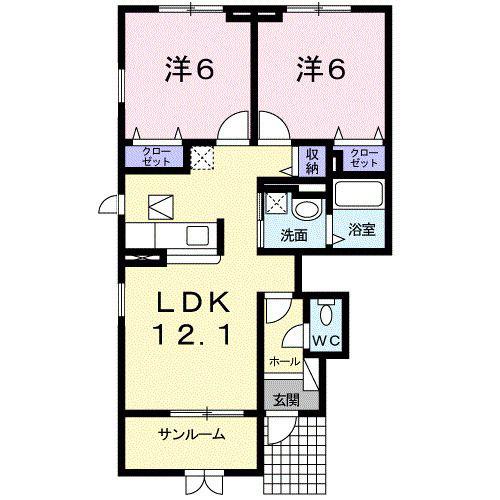 シェル・トゥールA(2LDK/1階)の間取り写真