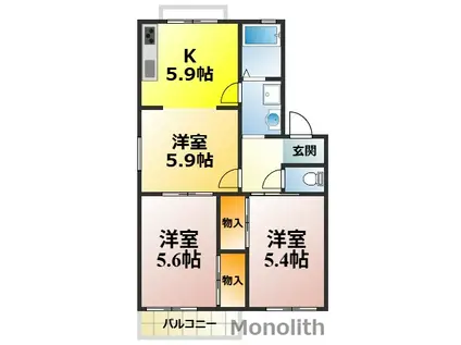 パ-クサイド木下(3K/2階)の間取り写真