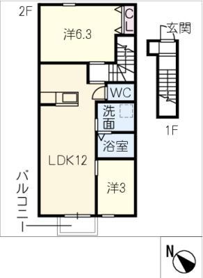 名鉄西尾線 西尾駅 徒歩17分 2階建 築1年(2LDK/2階)の間取り写真