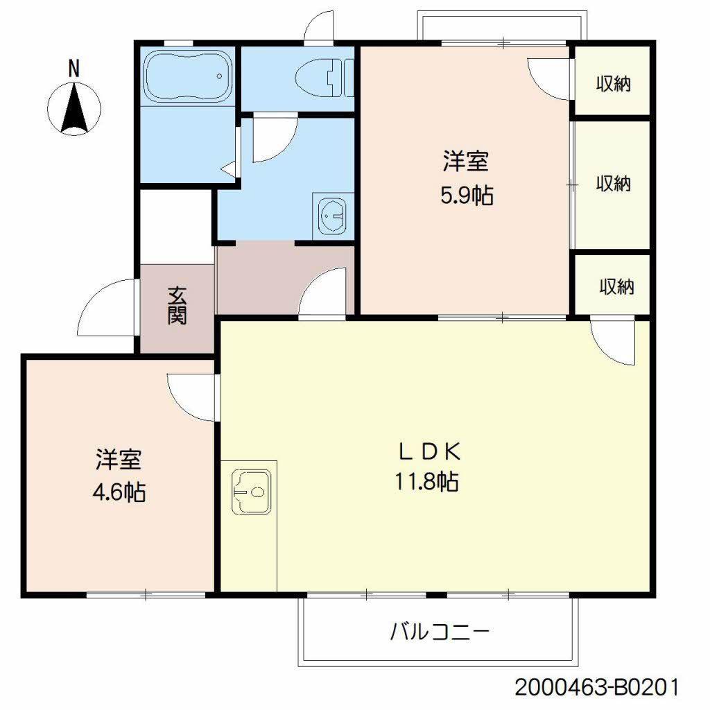 ウイズN B棟(2LDK/2階)の間取り写真