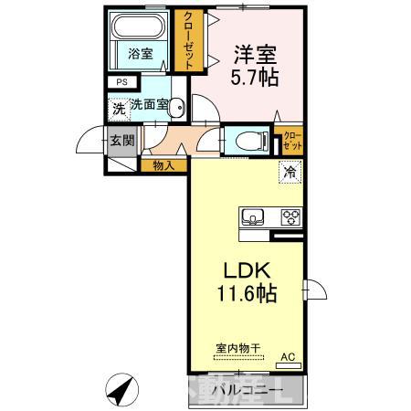 エスポワール松橋(1LDK/2階)の間取り写真
