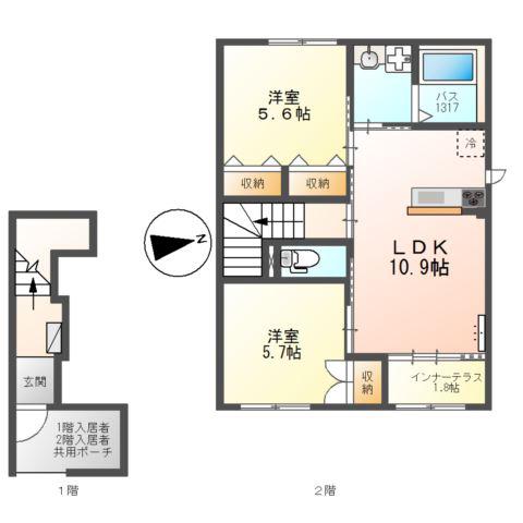 片鉾本町A棟アパート(2LDK/2階)の間取り写真