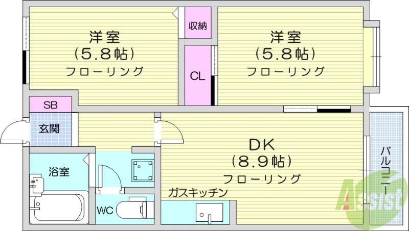 セービンググランデMURAKO B棟(2DK/2階)の間取り写真