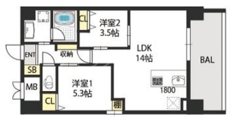 グランマーレ小路駅前(2LDK/6階)の間取り写真