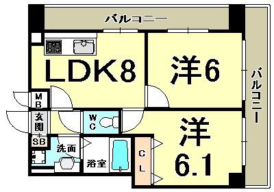 ロイヤルヒル神戸三ノ宮II(2LDK/13階)の間取り写真