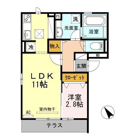 プレンティー引野 B棟(1LDK/1階)の間取り写真