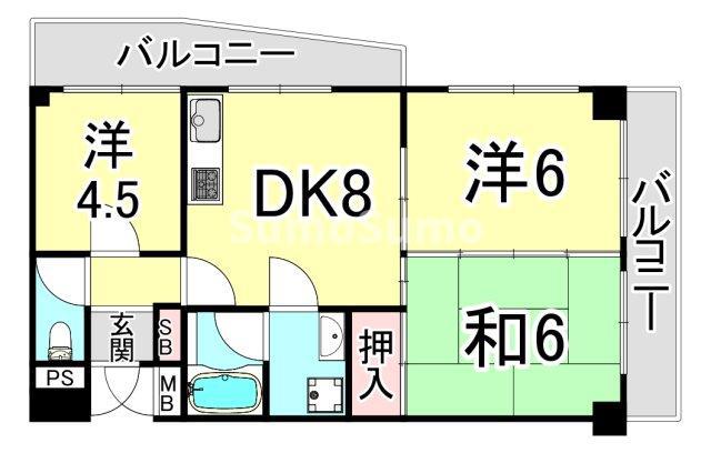 ガイ御影(3DK/4階)の間取り写真