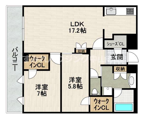 ジオタワー宝塚グランレジスTHE ノース(2LDK/7階)の間取り写真