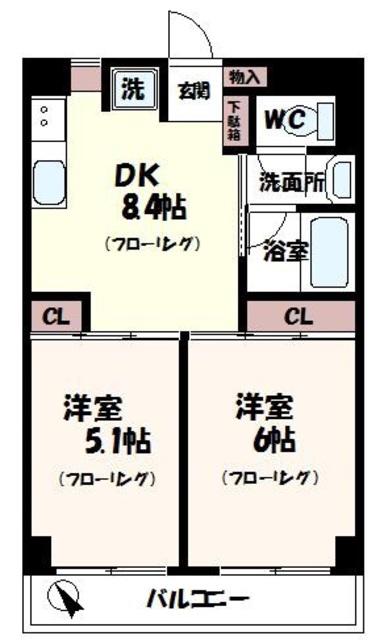 京王線 千歳烏山駅 徒歩10分 5階建 築22年(2DK/1階)の間取り写真