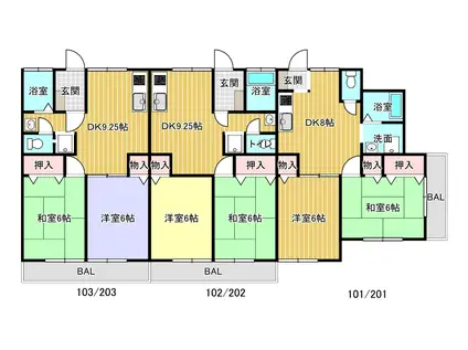 タートル万年寺101/201/102/202/103/203(2DK/2階)の間取り写真