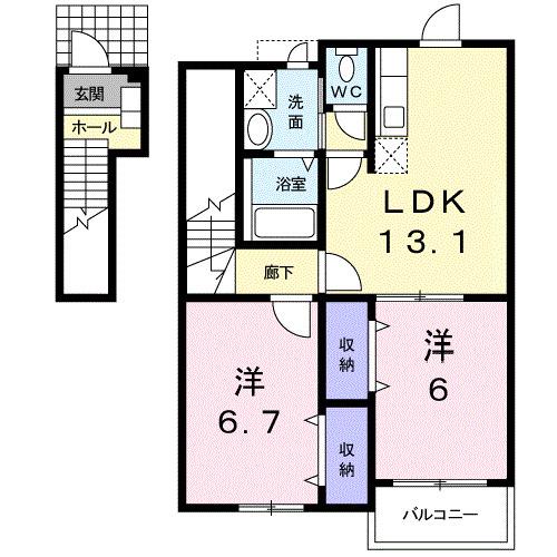 アウローラB棟(2LDK/2階)の間取り写真