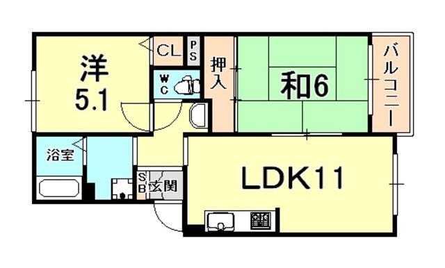 岡田山ハイツA(2LDK/1階)の間取り写真