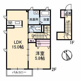 リラフォート湯田B棟(1LDK/2階)の間取り写真