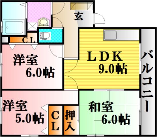 術勢マンションII(3LDK/1階)の間取り写真
