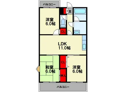 ヴィレッジ飯塚(3LDK/1階)の間取り写真