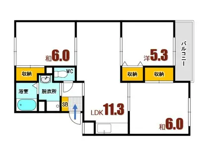 セジュール小屋浦B棟(3LDK/2階)の間取り写真