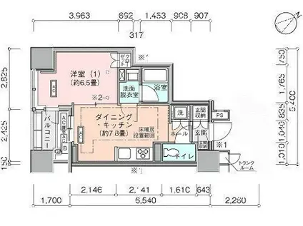 横浜ヴェールタワー(1DK/20階)の間取り写真