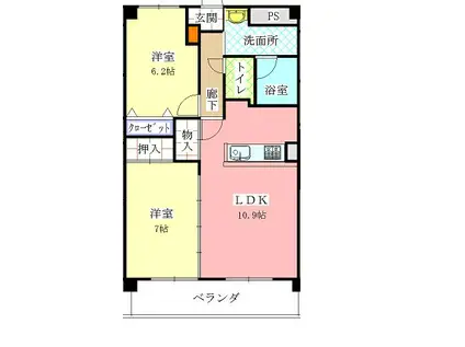 ホワイトドエル道徳(2LDK/6階)の間取り写真