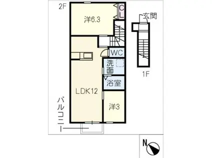 名鉄西尾線 西尾駅 徒歩17分 2階建 築1年(2LDK/2階)の間取り写真