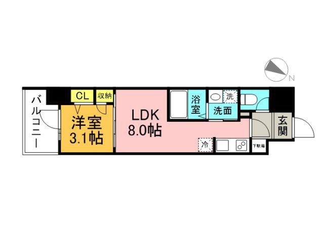 S-RESIDENCE東千田公園ALESIA(1LDK/4階)の間取り写真