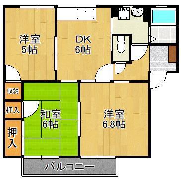 ドエル鴨生田D棟(3DK/2階)の間取り写真