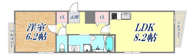 ブラントゥール芦屋(1LDK/2階)の間取り写真