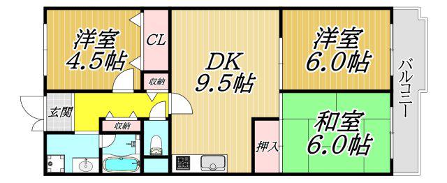 パレス南塚口弐号棟(3DK/5階)の間取り写真
