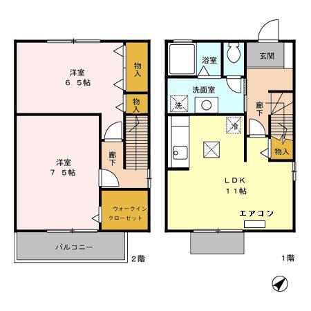 ウィルコート岩根 D イースト(2LDK/2階)の間取り写真