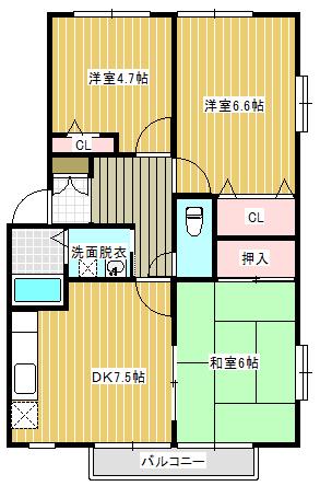 フォブールKAWAI C(3DK/2階)の間取り写真