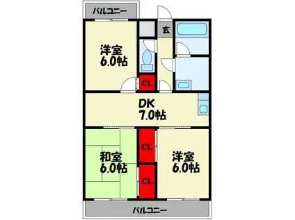 ヴィレッジ飯塚(3LDK/4階)の間取り写真