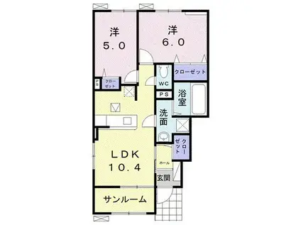 ラフィネ 高茶屋 C(2LDK/1階)の間取り写真