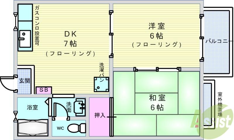 タウニーイサカB棟(2DK/1階)の間取り写真