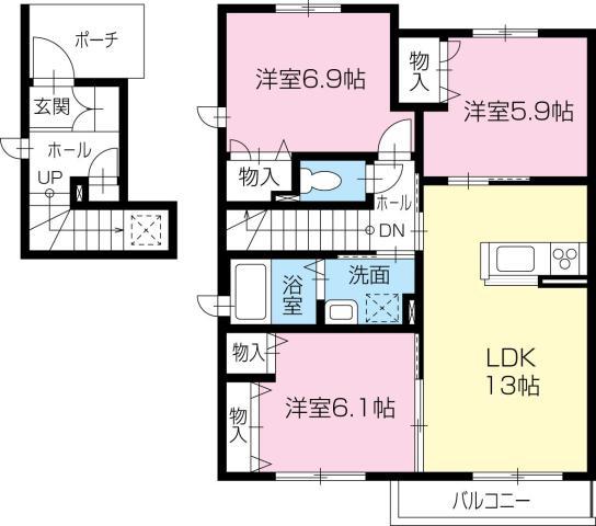 プロヌーブ吉野本町II(3LDK/2階)の間取り写真