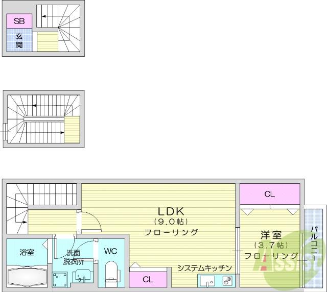 ラフィーノあすと長町(1LDK/3階)の間取り写真