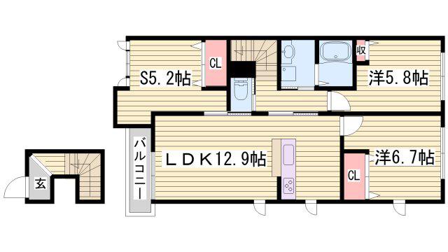 ヴィラーチェ今宿A棟(2SLDK/2階)の間取り写真