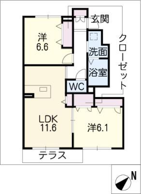 レクサス徳重D棟(2LDK/1階)の間取り写真