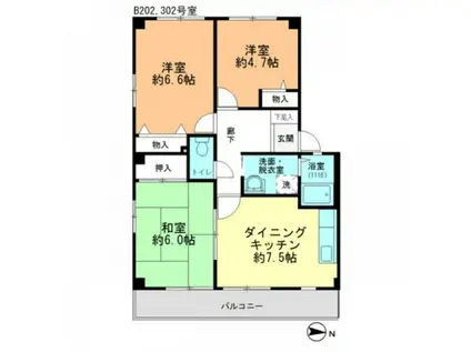 パークファイブ D棟(3DK/2階)の間取り写真