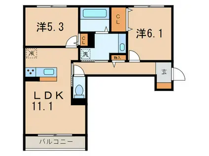 ワン ウェーブ霞ヶ丘(2LDK/1階)の間取り写真