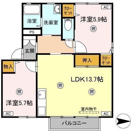 ラシェットエムザC棟(2LDK/1階)の間取り写真