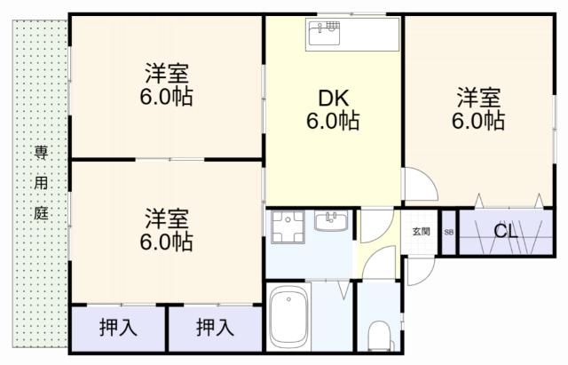 アンジェラス中根B棟(3DK/1階)の間取り写真